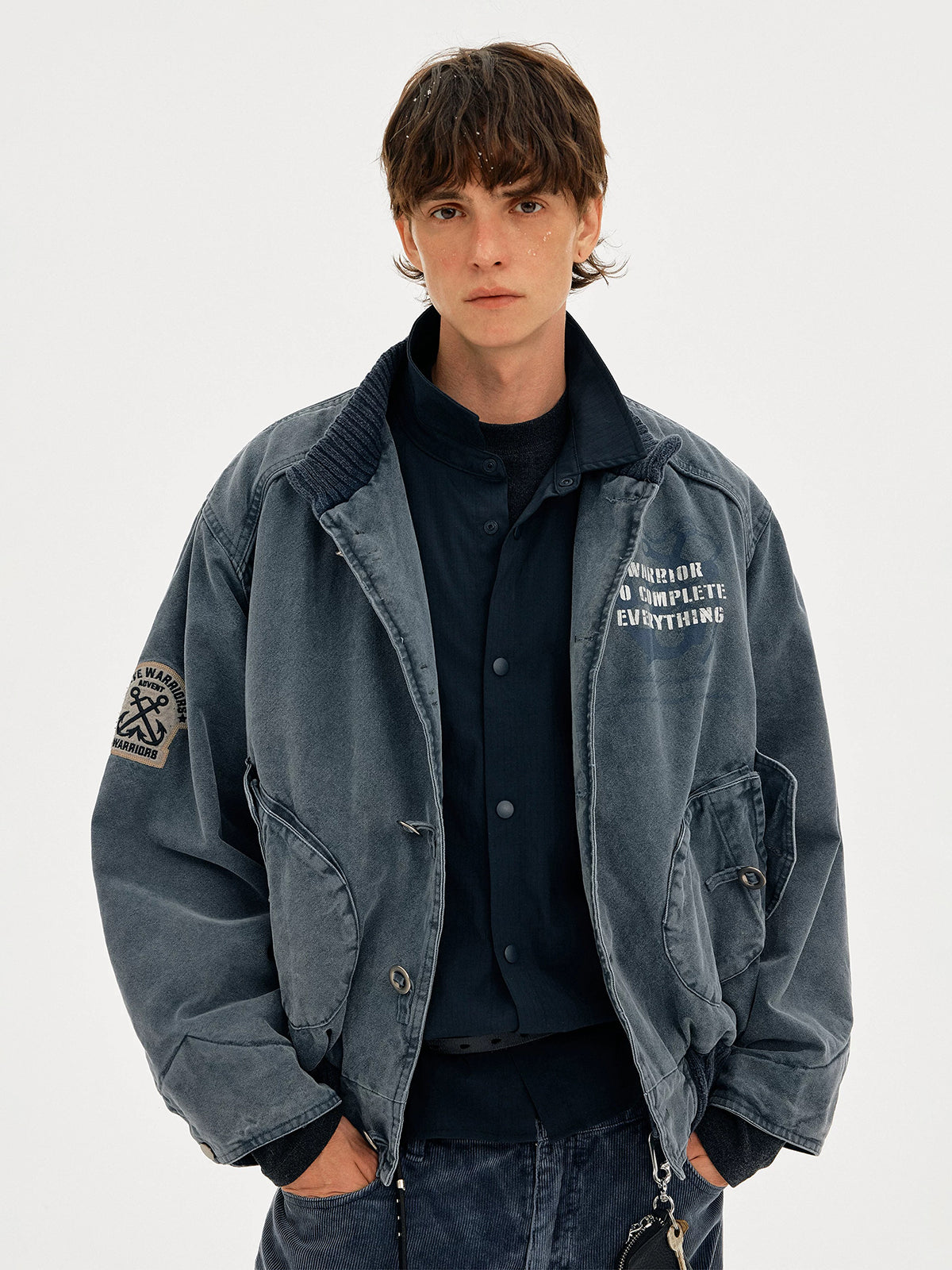 Co-ed Dorm Loose Washed Graphic Cropped Denim Jacket - Blue
