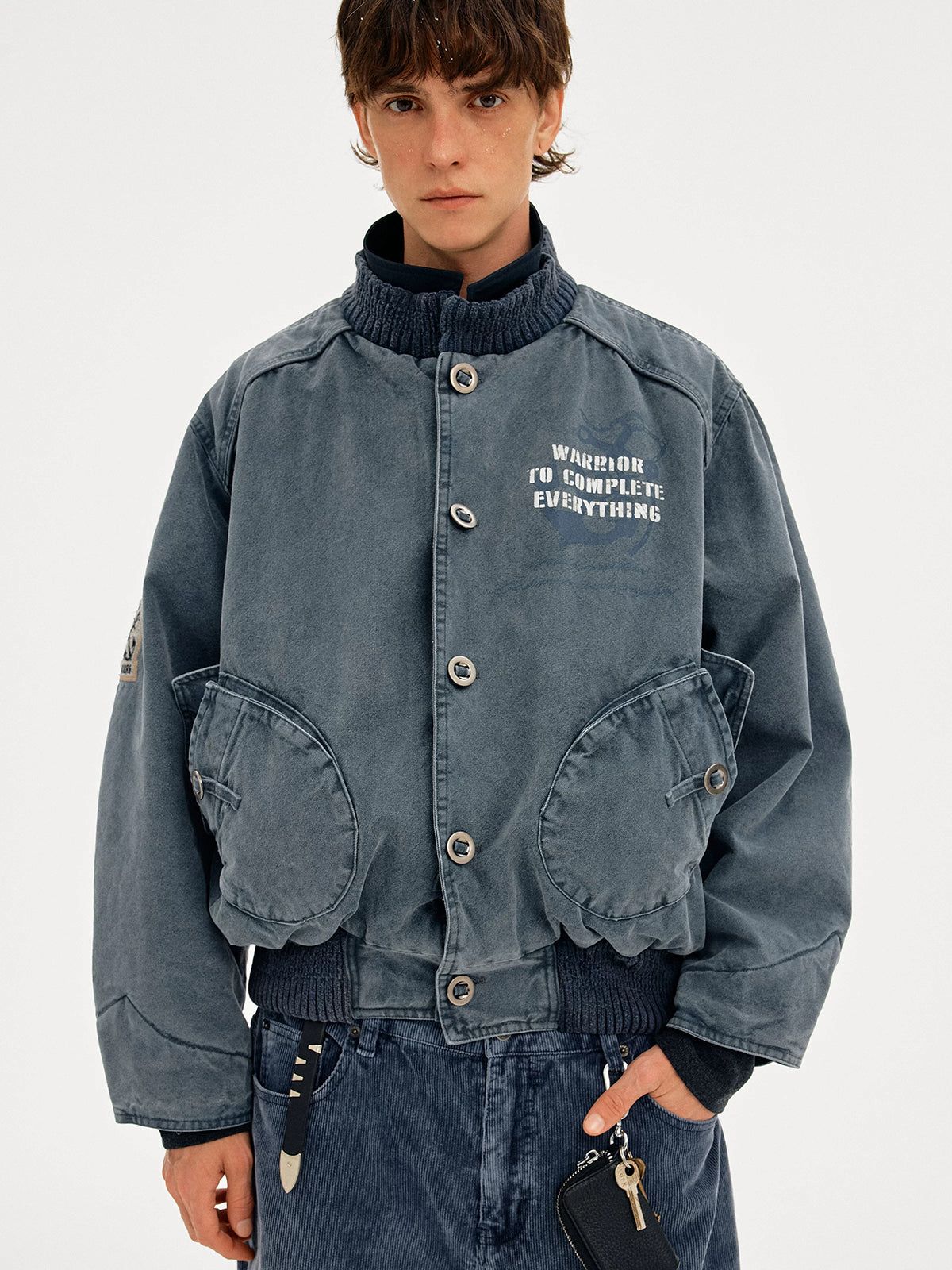 Co-ed Dorm Loose Washed Graphic Cropped Denim Jacket - Blue
