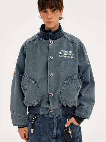 Co-ed Dorm Loose Washed Graphic Cropped Denim Jacket - Blue