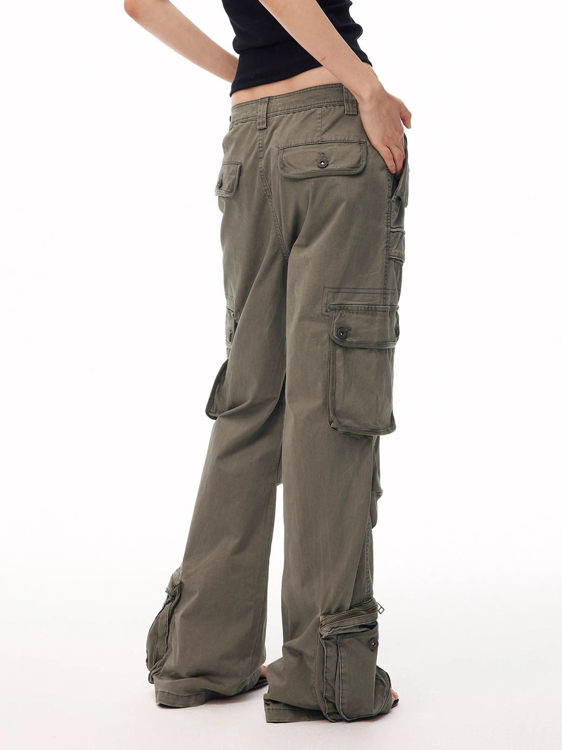 Brick Lane Wide-leg Lace-Up Multi-Pocket Cargo Pants - Green