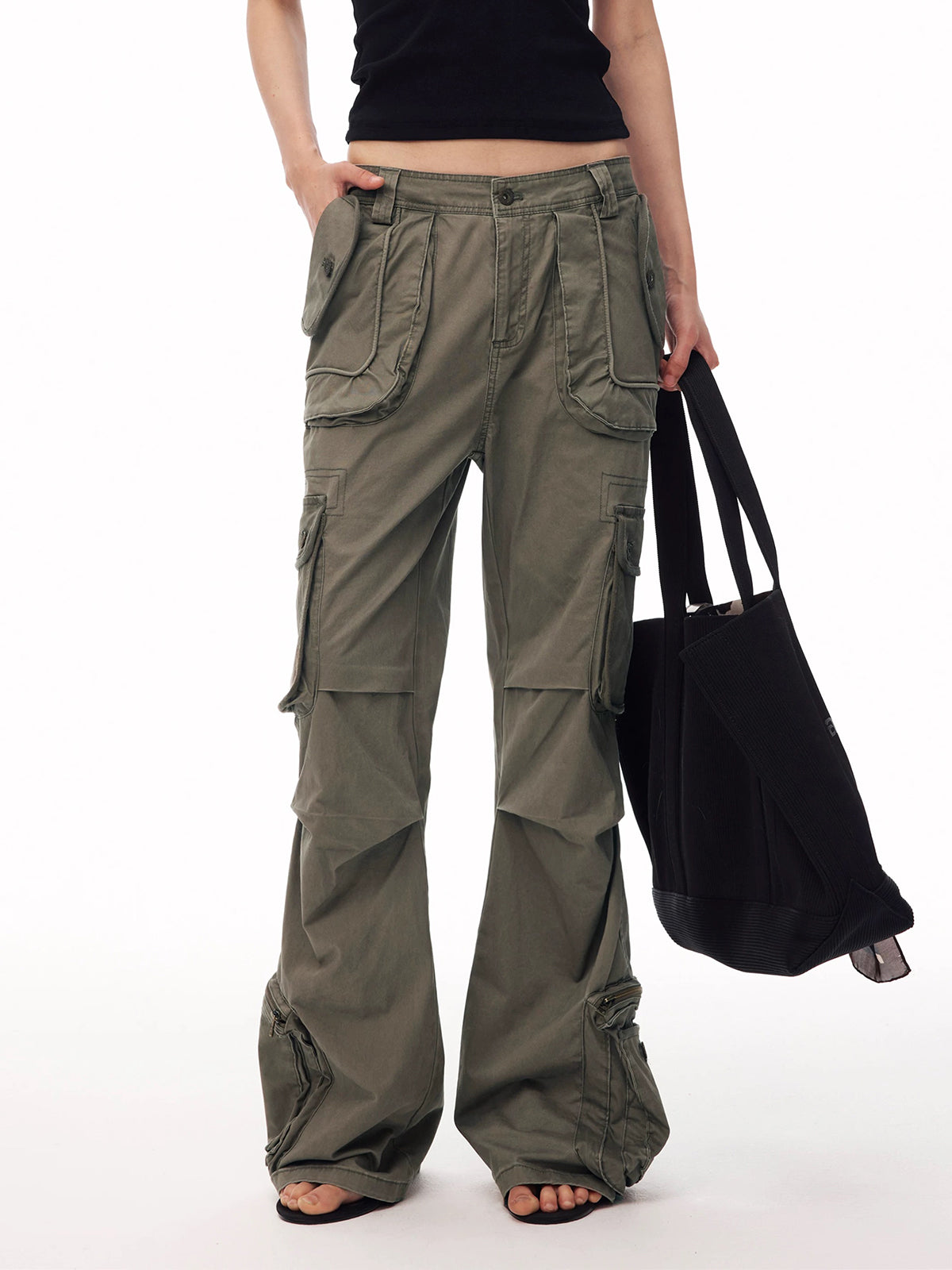 Brick Lane Wide-leg Lace-Up Multi-Pocket Cargo Pants - Green