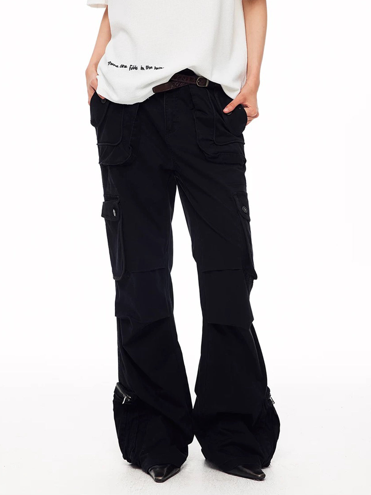 Brick Lane Wide-leg Lace-Up Multi-Pocket Cargo Pants - Black