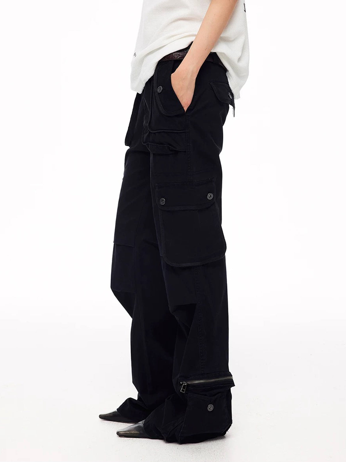 Brick Lane Wide-leg Lace-Up Multi-Pocket Cargo Pants - Black