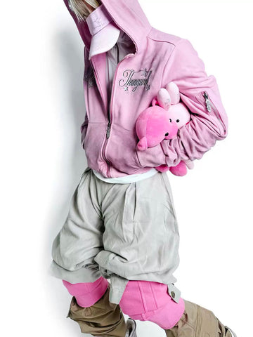 Co-ed Dorm Baggy Tie-Dye Graphic Zip-up Hoodie - Pink