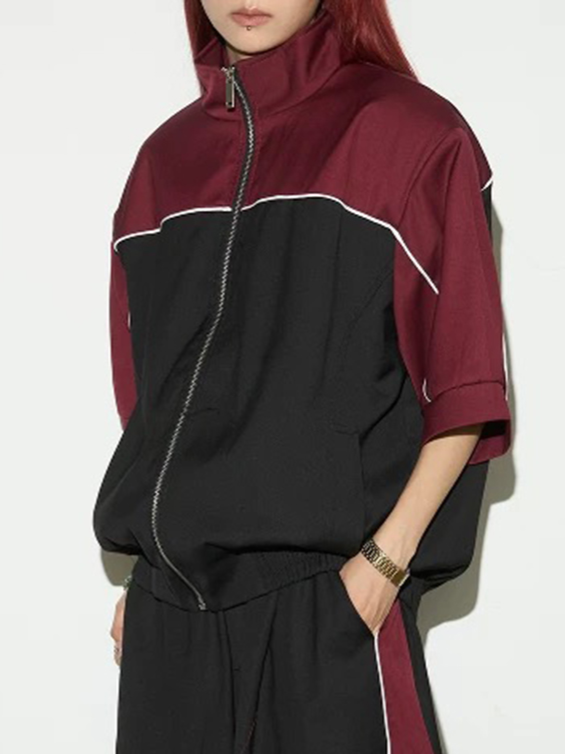 Co-ed Dorm Baggy Contrast Color Short Sleeve Zip-up Jacket - Red