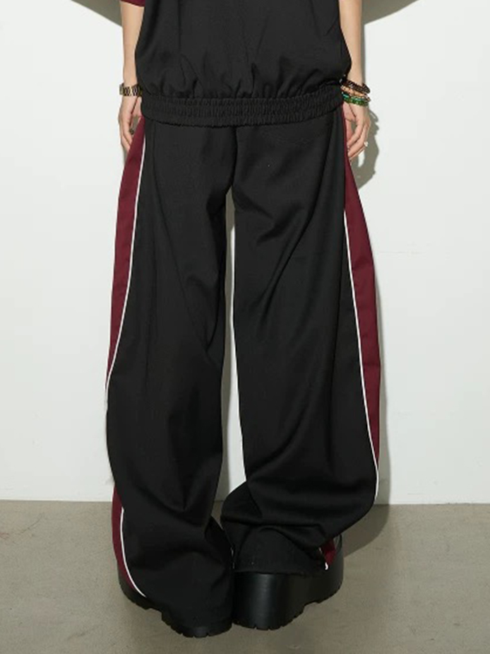 Co-ed Dorm Baggy Contrast Color Side Striped Sweatpants - Red