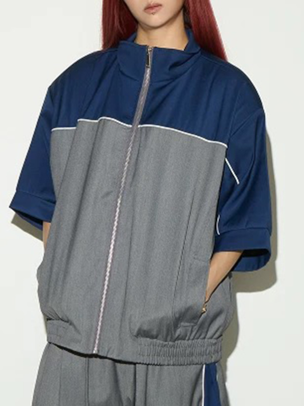 Co-ed Dorm Baggy Contrast Color Short Sleeve Zip-up Jacket - Blue
