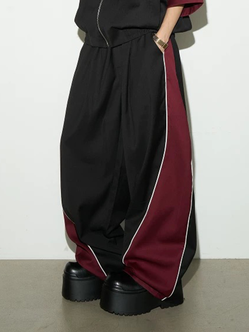 Co-ed Dorm Baggy Contrast Color Side Striped Sweatpants - Red