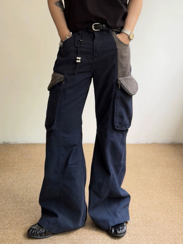 Co-ed Dorm Wide-leg Plaid Pocket Cargo Pants - Black