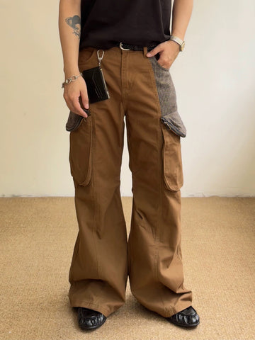 Co-ed Dorm Wide-leg Plaid Pocket Cargo Pants - Brown