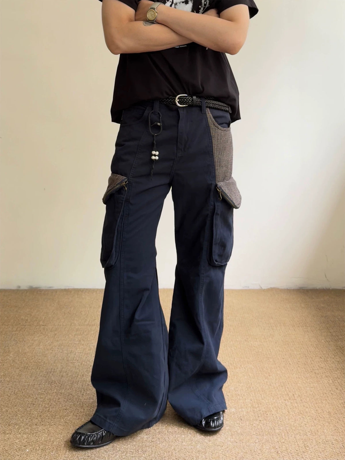 Co-ed Dorm Wide-leg Plaid Pocket Cargo Pants - Black