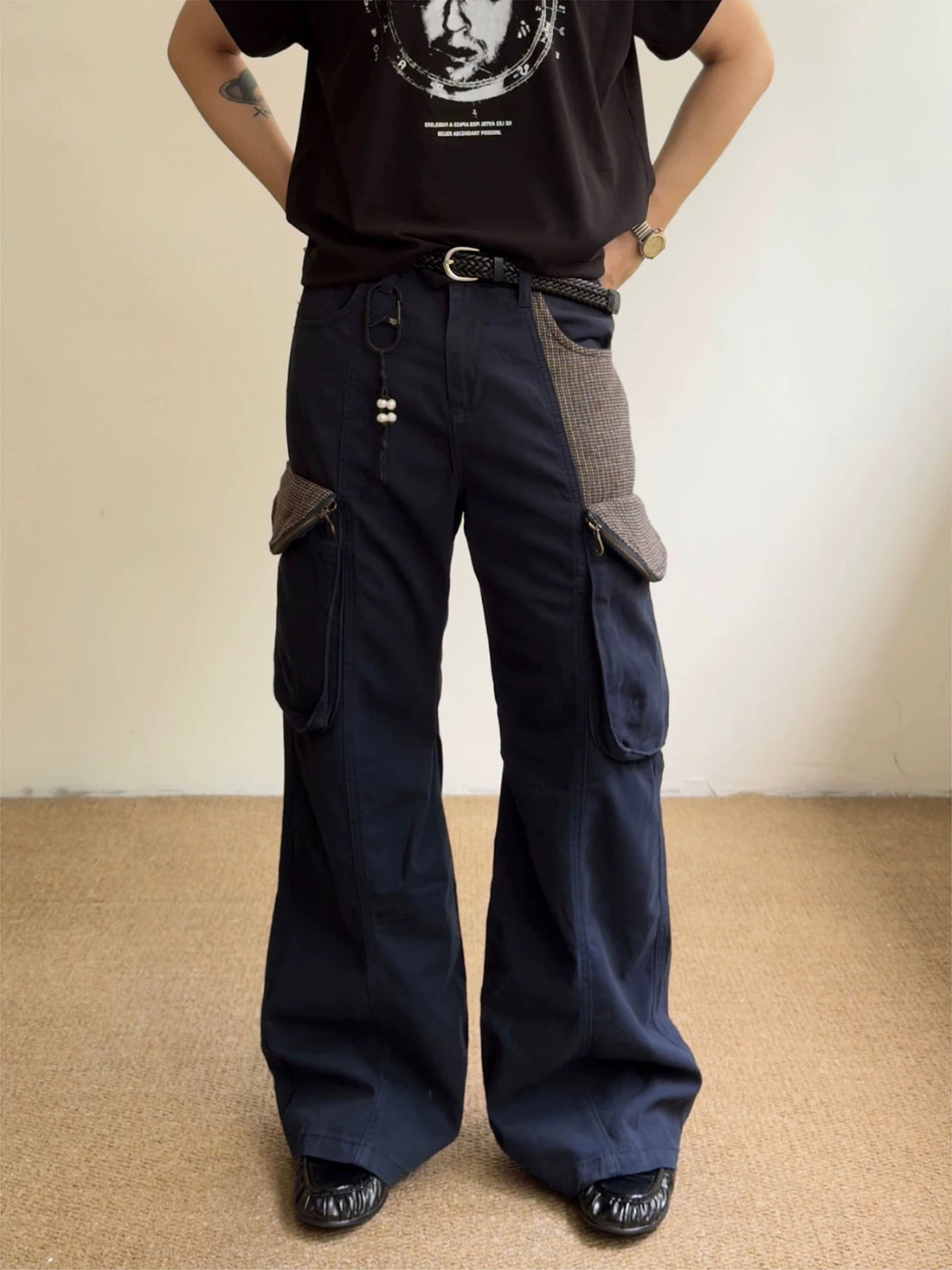 Co-ed Dorm Wide-leg Plaid Pocket Cargo Pants - Black