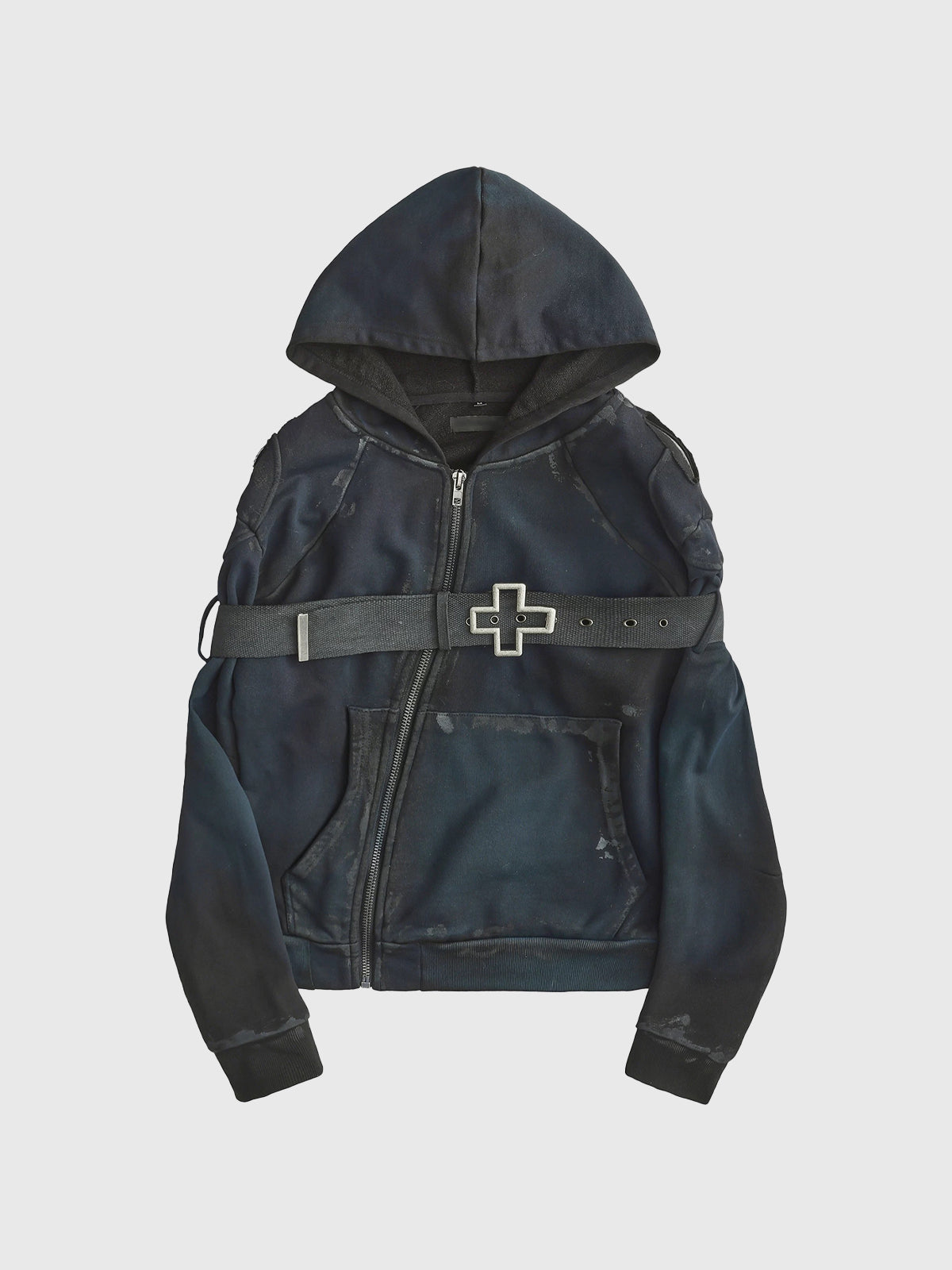 Co-ed Dorm Baggy Buckled Cross Washed Zip-up Hoodie - Blue