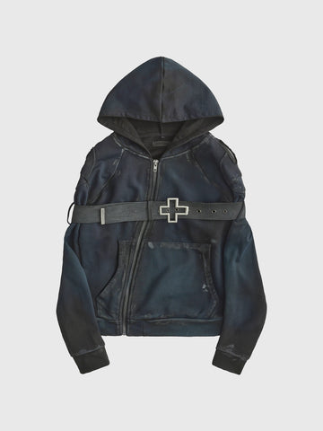 Co-ed Dorm Baggy Buckled Cross Washed Zip-up Hoodie - Blue