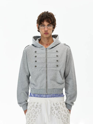 Co-ed Dorm Baggy Double-Breasted Zip-up Hoodie - Grey