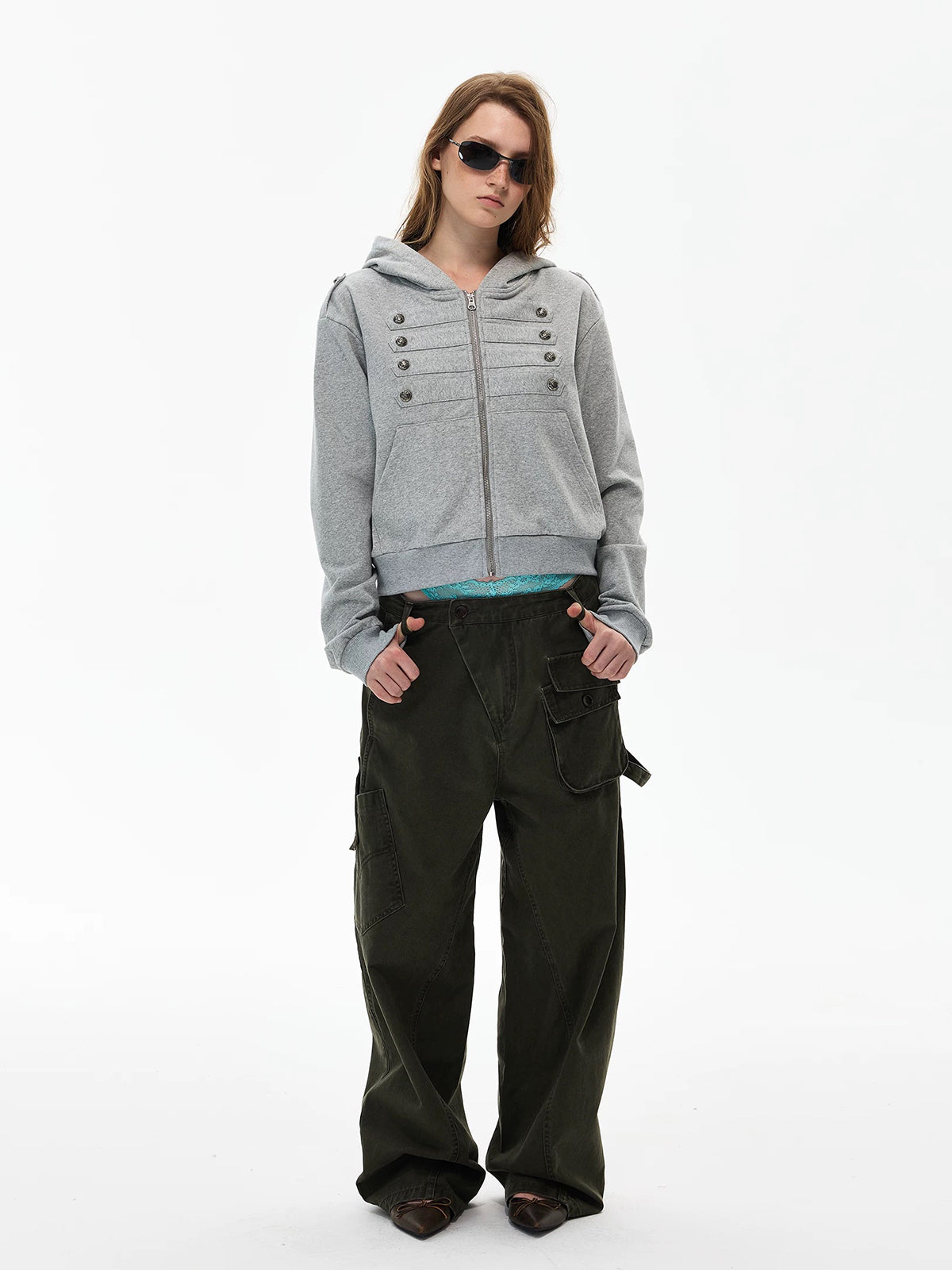 Co-ed Dorm Baggy Double-Breasted Zip-up Hoodie - Grey