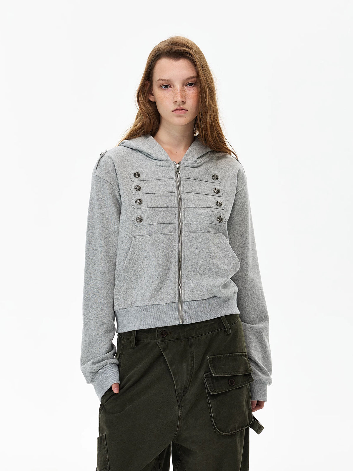 Co-ed Dorm Baggy Double-Breasted Zip-up Hoodie - Grey