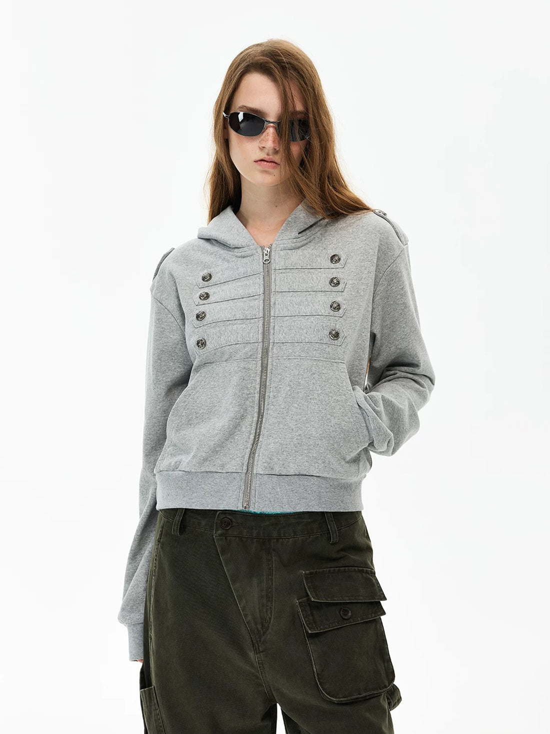 Co-ed Dorm Baggy Double-Breasted Zip-up Hoodie - Grey