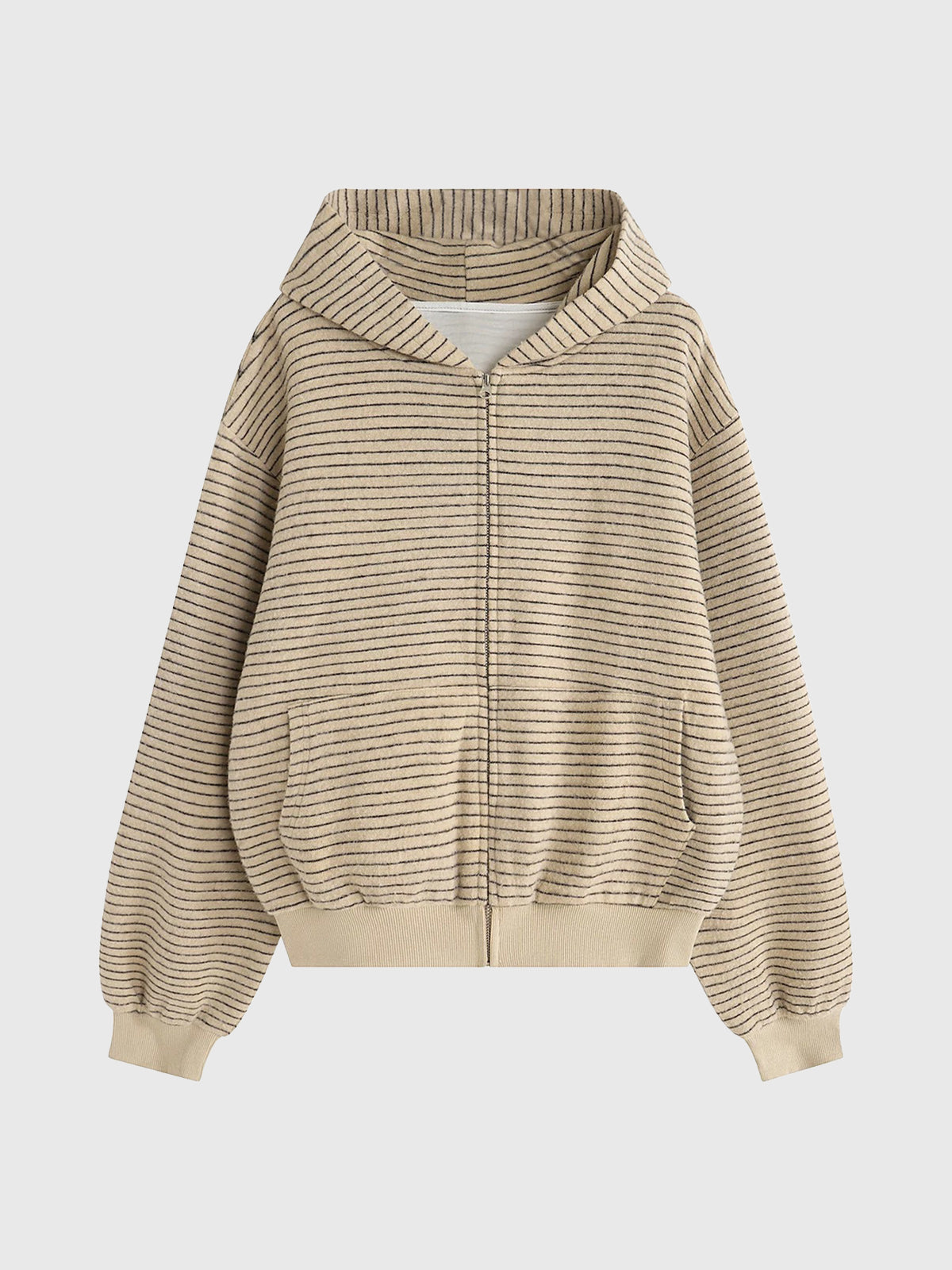 Co-ed Dorm Baggy Striped Zip-up Hoodie - Beige