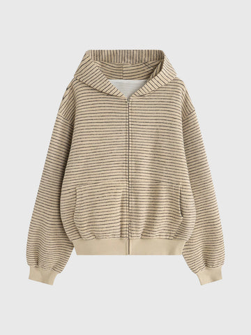 Co-ed Dorm Baggy Striped Zip-up Hoodie - Beige
