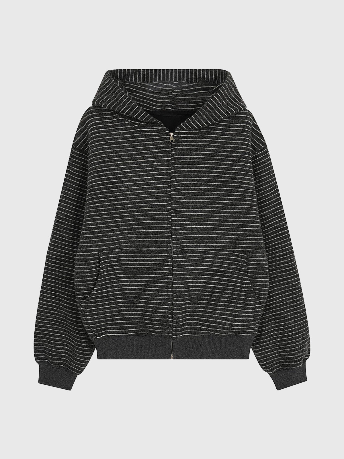 Co-ed Dorm Baggy Striped Zip-up Hoodie - Black