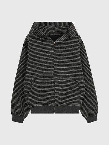 Co-ed Dorm Baggy Striped Zip-up Hoodie - Black