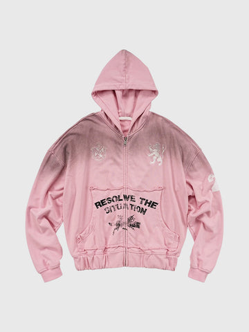 Co-ed Dorm Baggy Graphic Printed Zip-up Hoodie - Pink
