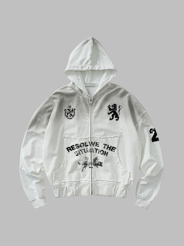 Co-ed Dorm Baggy Graphic Printed Zip-up Hoodie - White