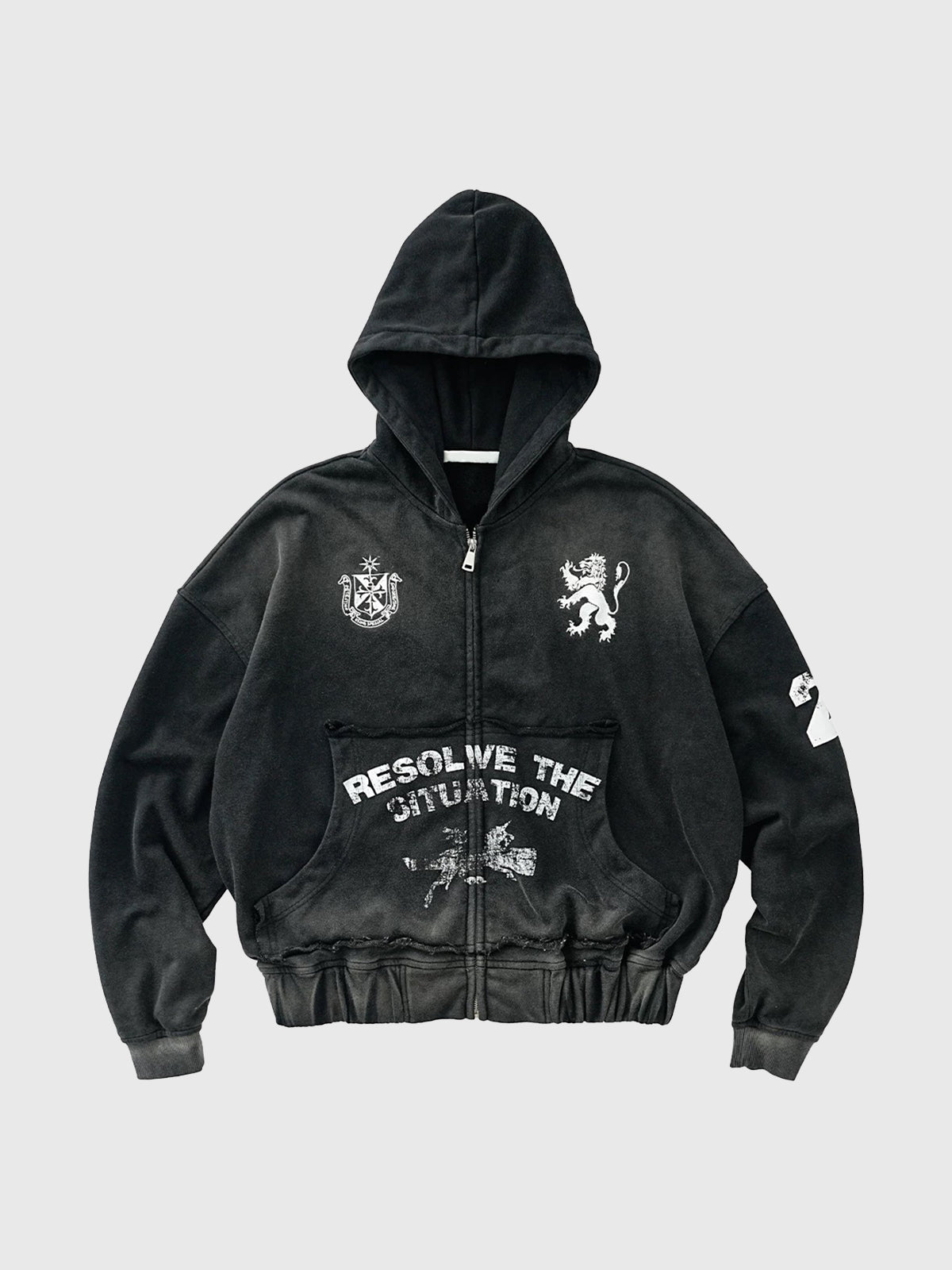 Co-ed Dorm Baggy Graphic Printed Zip-up Hoodie - Black