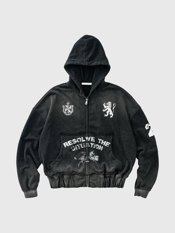 Co-ed Dorm Baggy Graphic Printed Zip-up Hoodie - Black