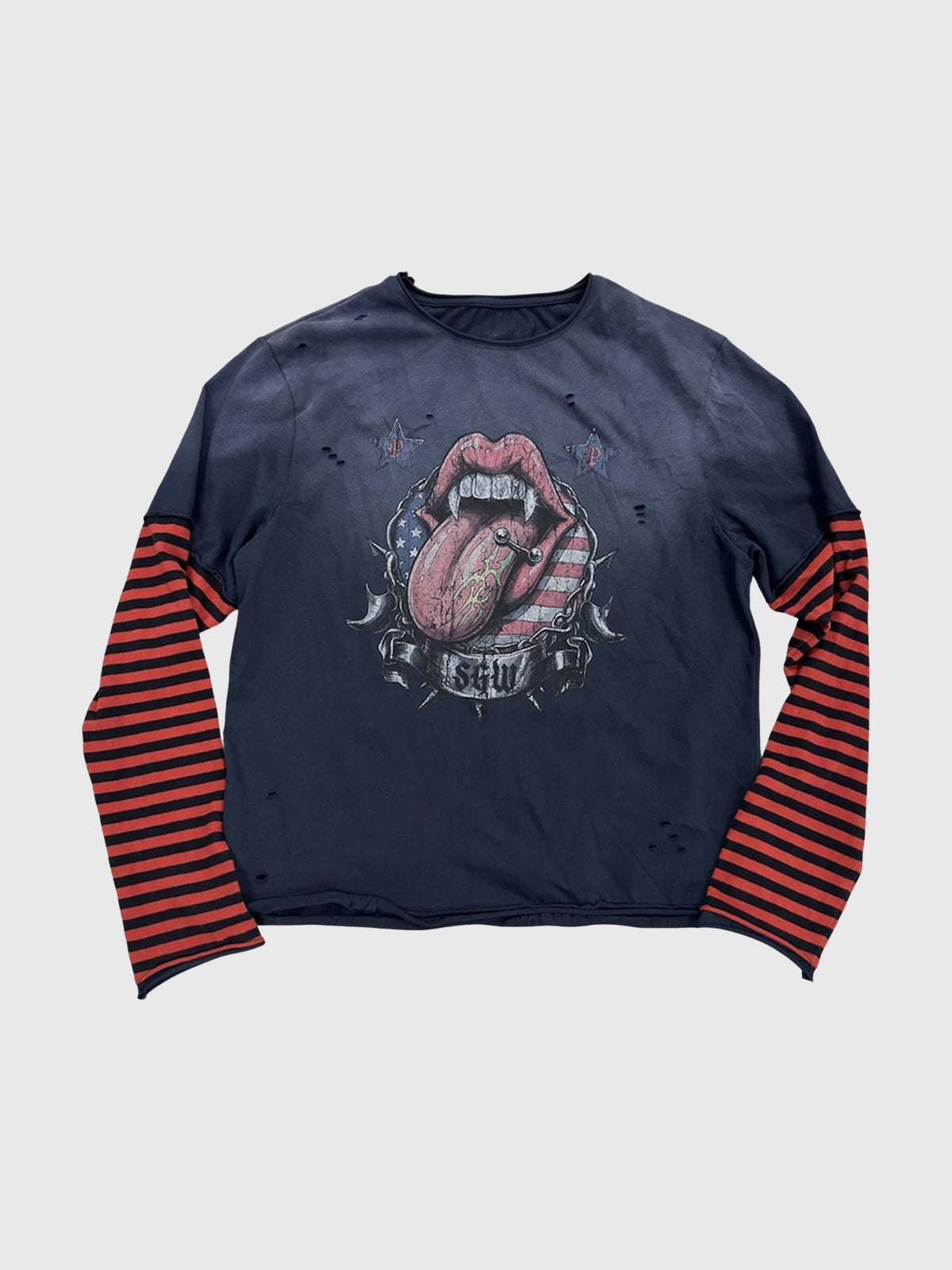 Co-ed Dorm Layered-Look Striped Graphic Long Sleeve Tee - Blue