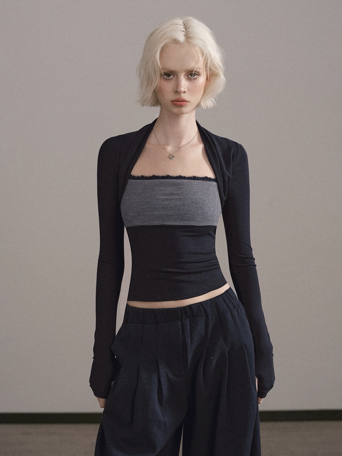 Dolled Office Layered-look Stripe Tube Top - Black