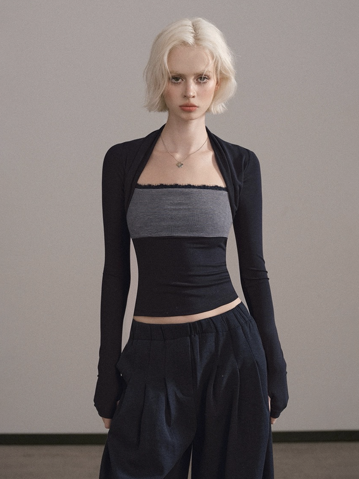 Dolled Office Layered-look Stripe Tube Top - Black