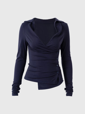 Dolled Office Skimming Surplice Wrap Top - Navy