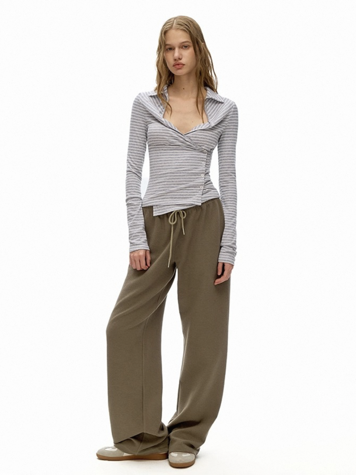 Dolled Office Skimming Stripe Long Sleeve - Heather Grey