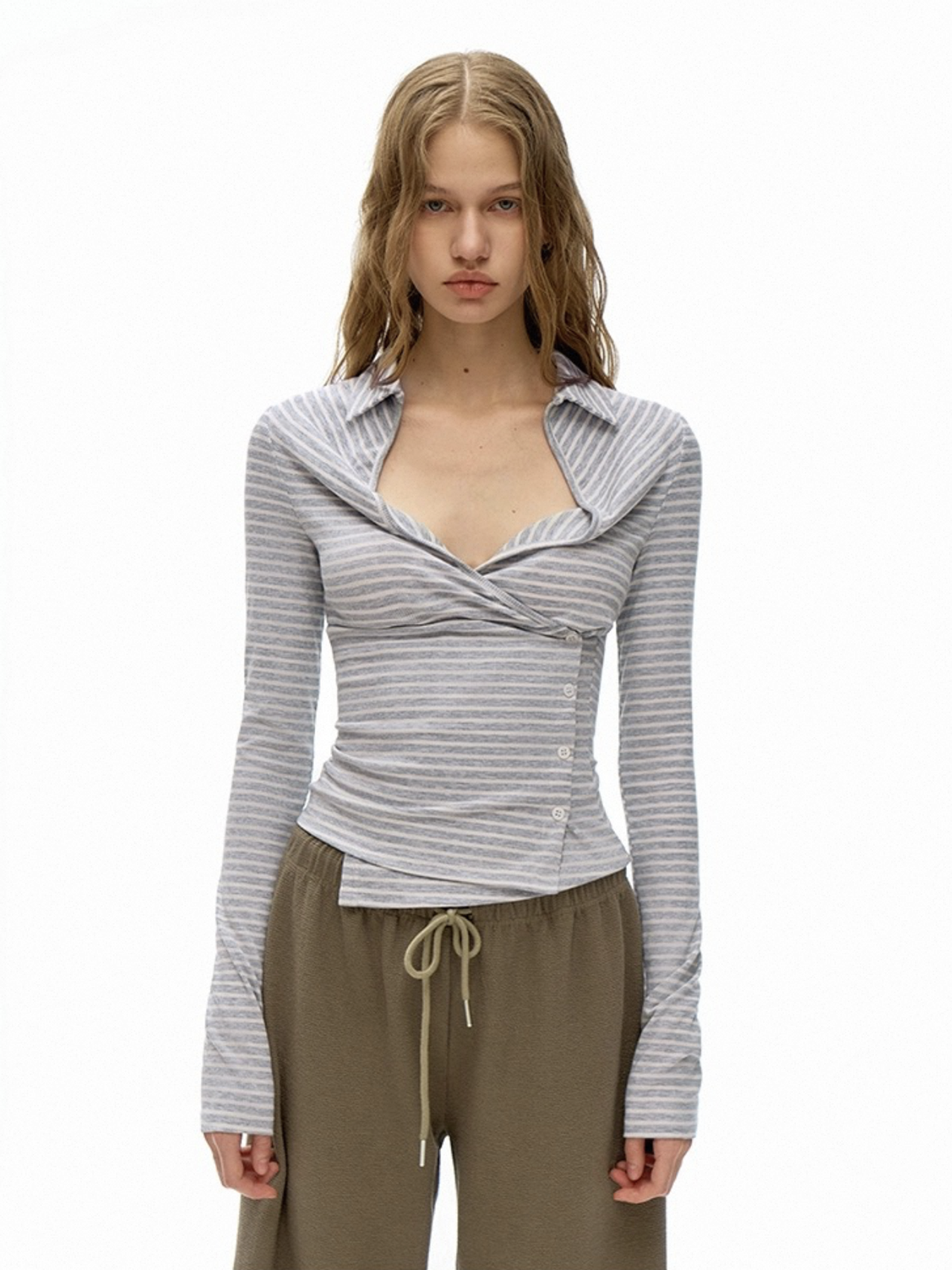 Dolled Office Skimming Stripe Long Sleeve - Heather Grey