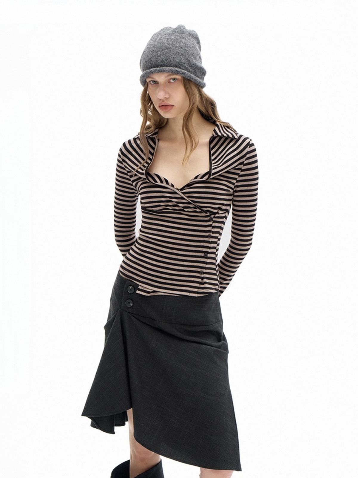 Dolled Office Skimming Stripe Long Sleeve - Brown