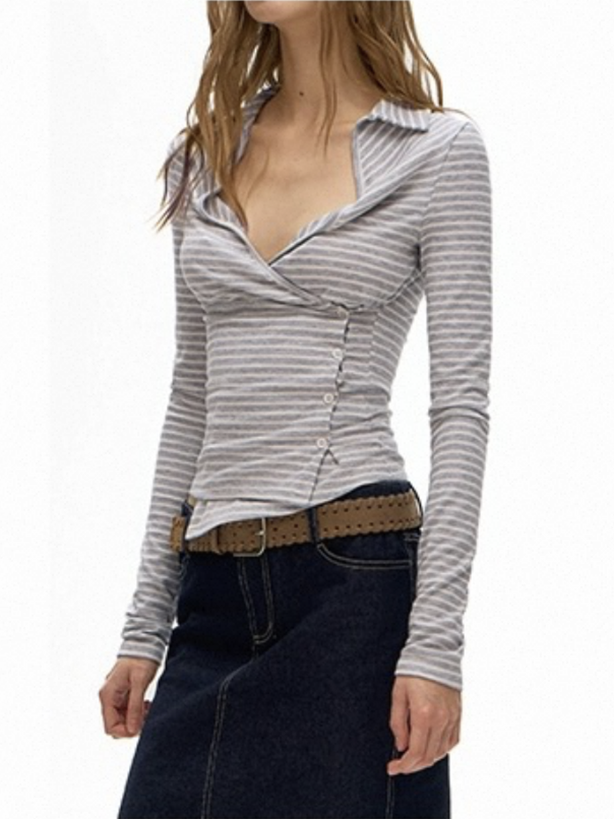 Dolled Office Skimming Stripe Long Sleeve - Heather Grey