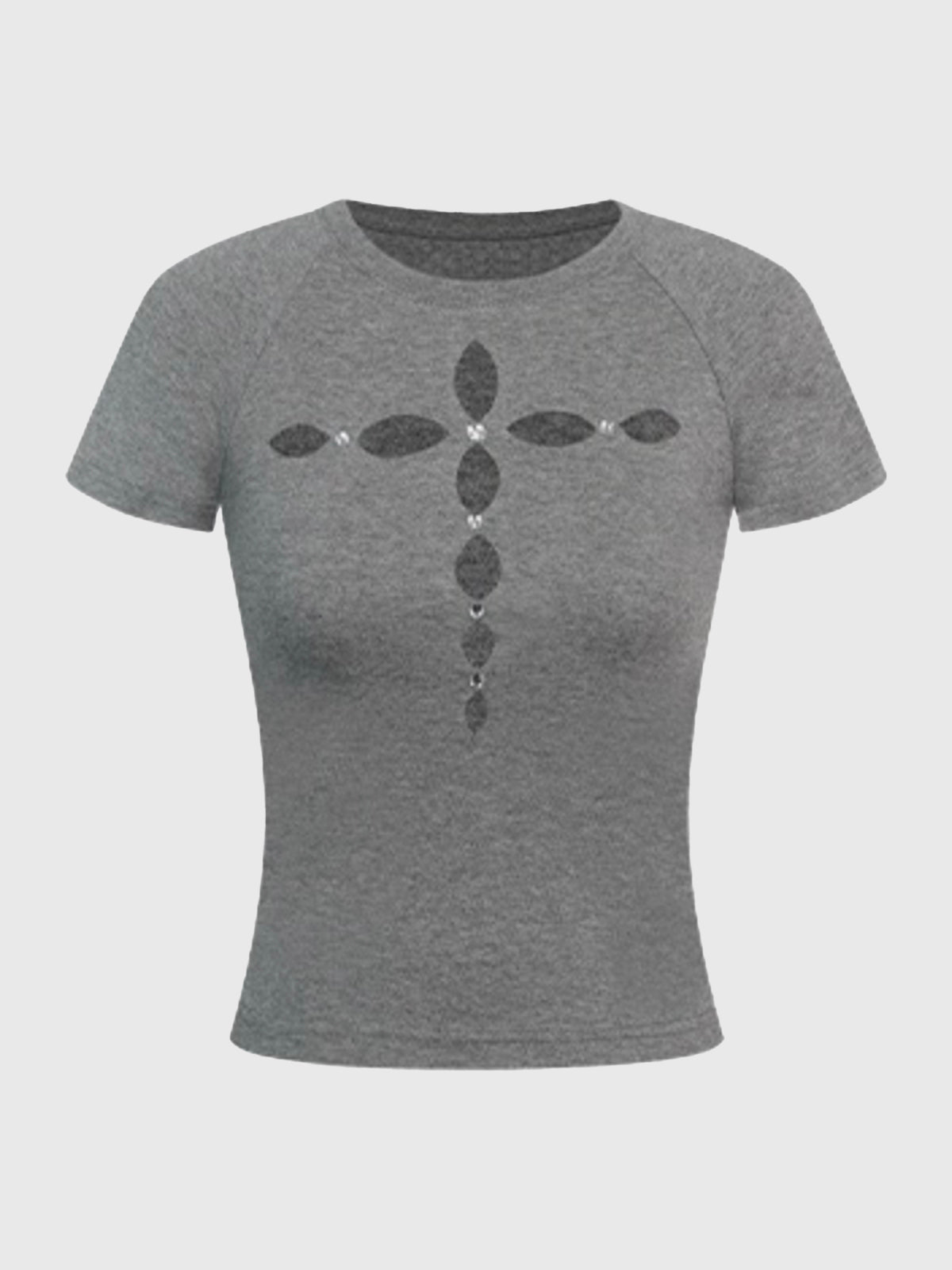 Brick Lane Skimming Rhinestone Cut Out T-Shirt - Grey