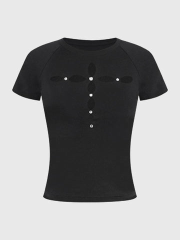 Brick Lane Skimming Rhinestone Cut Out T-Shirt - Black