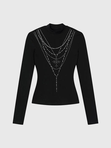 Brick Lane Rhinestone Spider Web Long Sleeve - Black