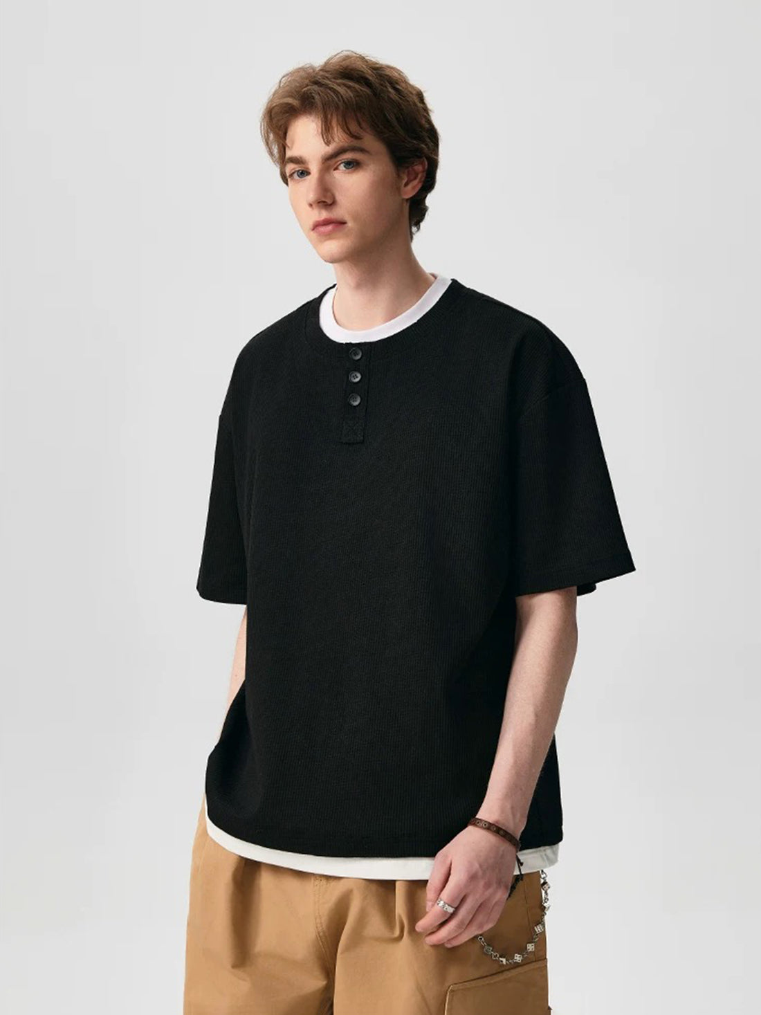 Co-ed Dorm Layered Henley Neck T-Shirt - Black