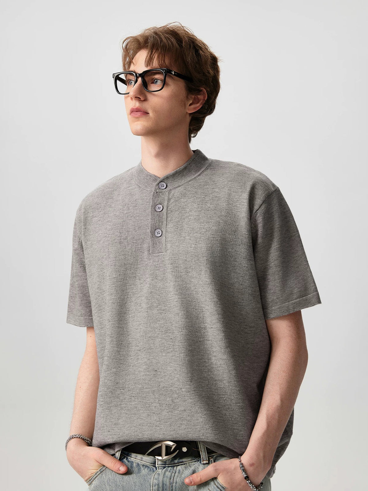 Co-ed Dorm Knit Henley Short Sleeve - Grey