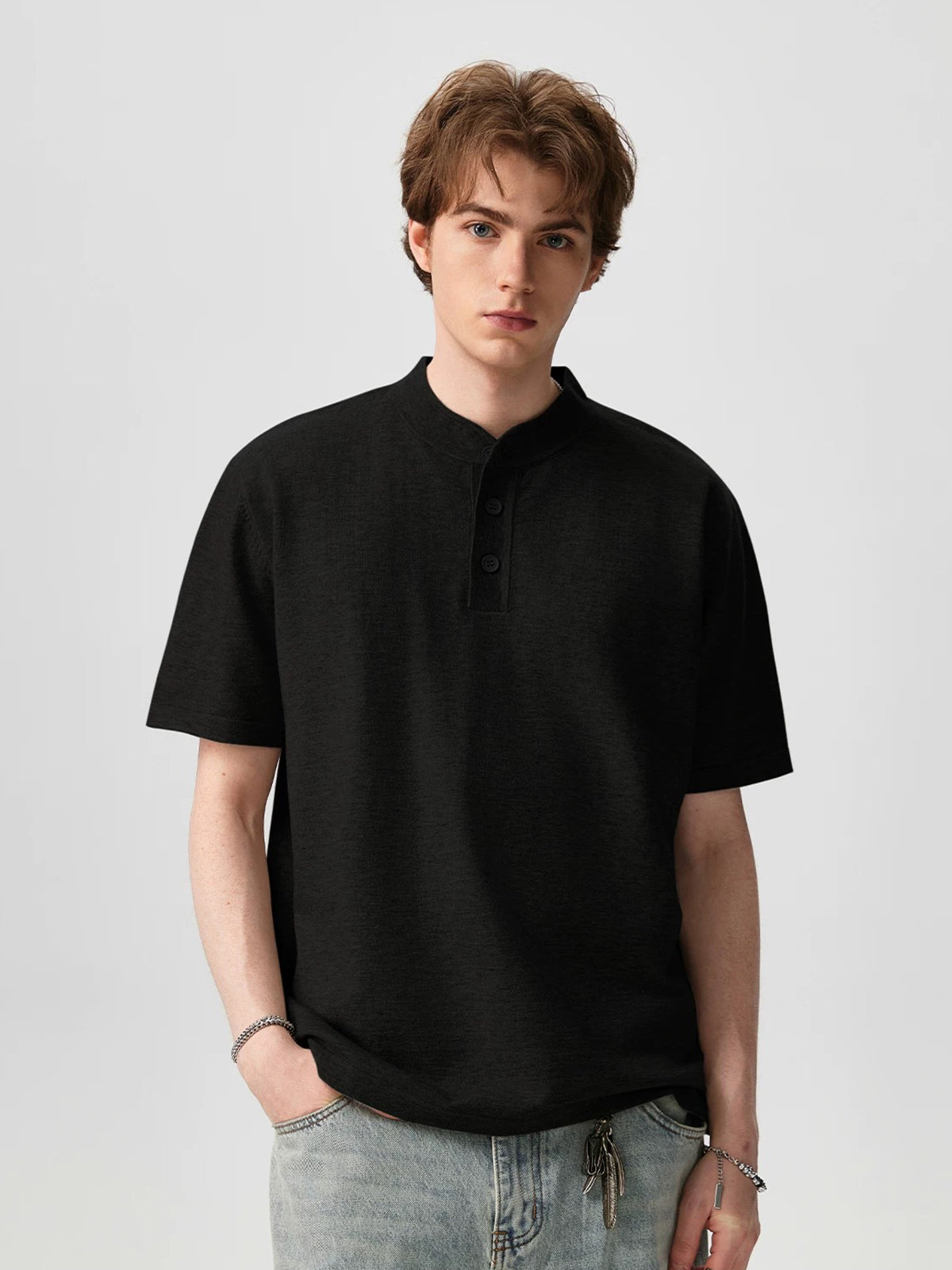 Co-ed Dorm Knit Henley Short Sleeve - Black