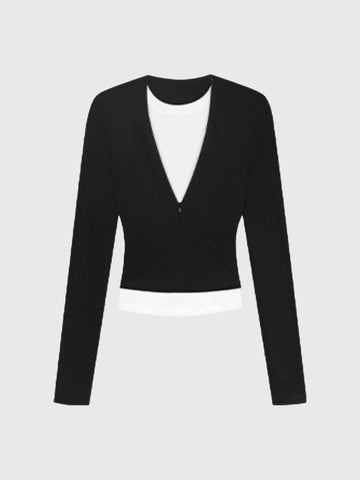 Dolled Office Contrast Deep V-Neck Cropped Top - Black