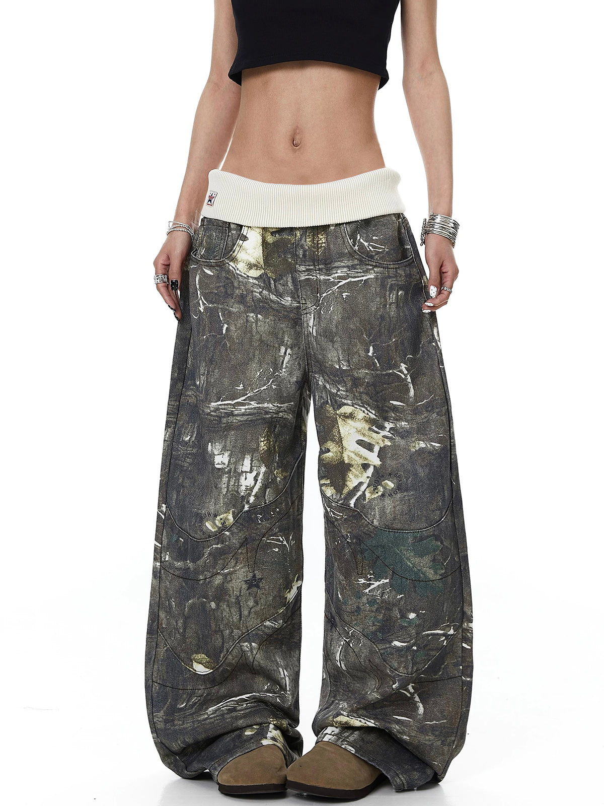 Brick Lane Vintage Print Wide Leg Pants - Moss