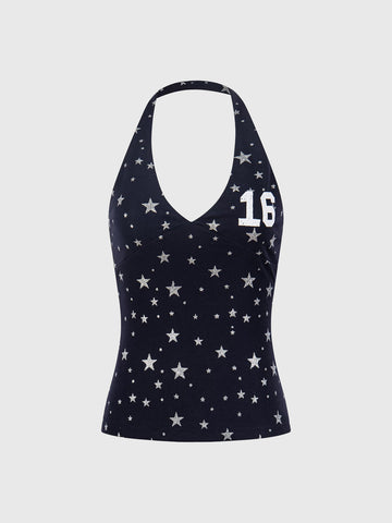 Brick Lane Star Print Halter Neck Camisole - Navy