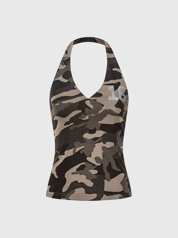 Brick Lane Camo Print Halter Neck Camisole - Khaki