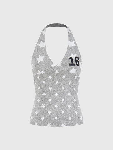 Brick Lane Star Print Halter Neck Camisole - Grey