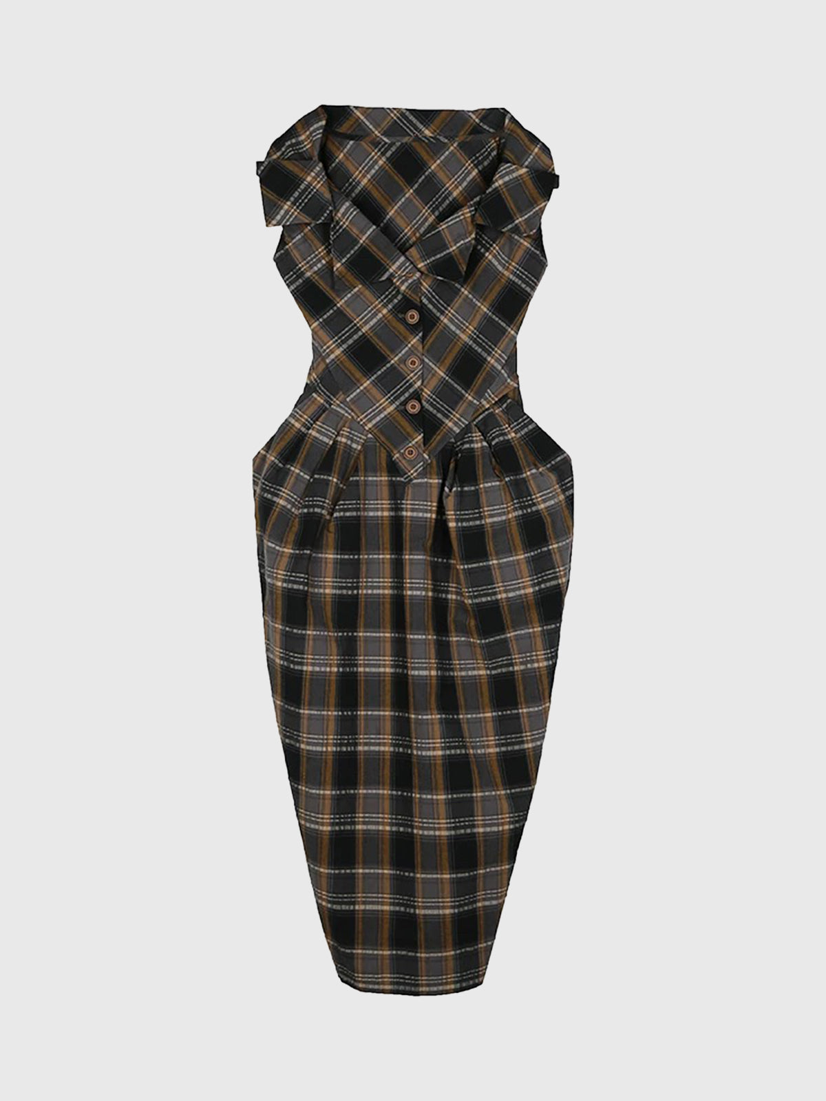 Brick Lane Plaid Halter Neck Pleated Dress - Dark Grey